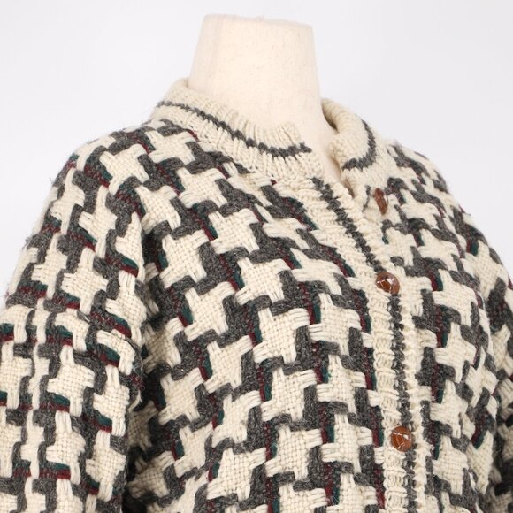 VINTAGE Women's Thick Knit Basketweave Button Front Cardigan Sweater Cream Brown - Picture 3 of 7